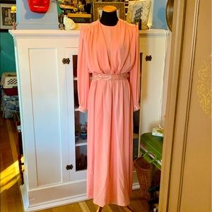 Elegant Beaded Flowing Peach Pink Gown with Long Sleeves Opera Cocktail Party